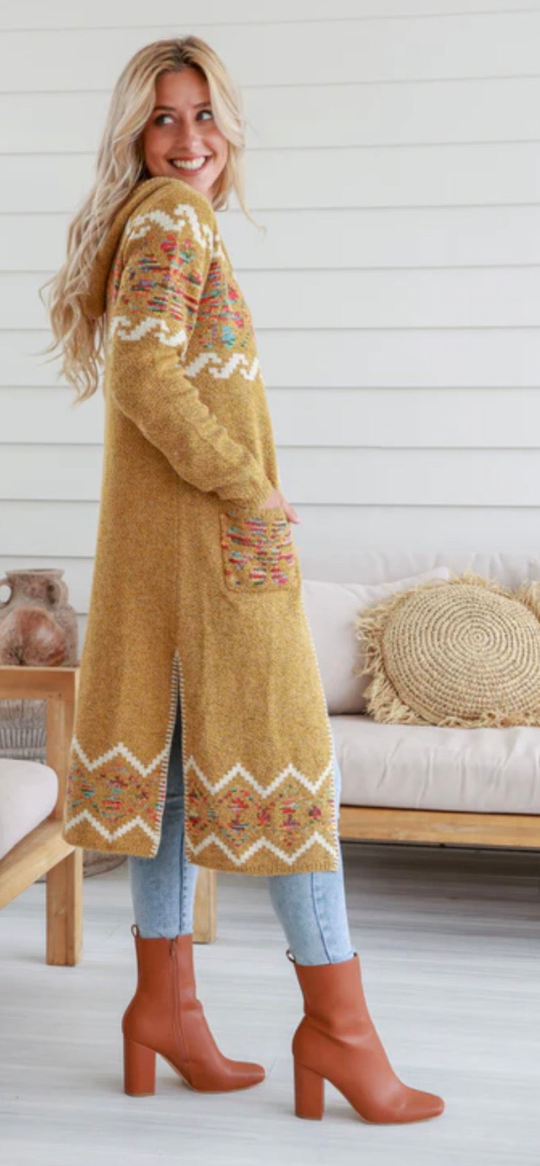 Free Spirit Aztec Long Knit Cardigan Mustard