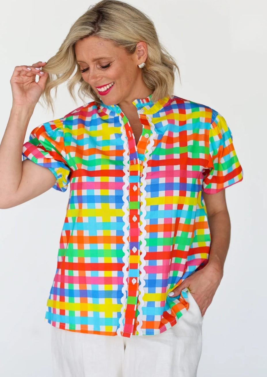 Liv & Milly Chloe Neon Gingham Top
