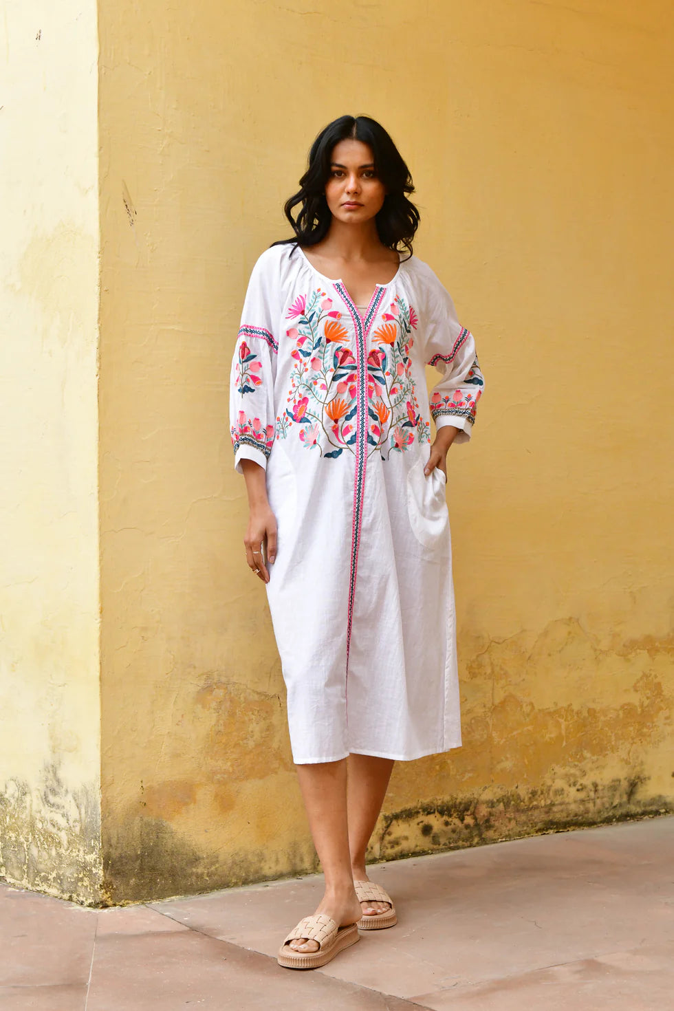 Azure & Indigo Hummingbird Embroidered Kaftan Dress