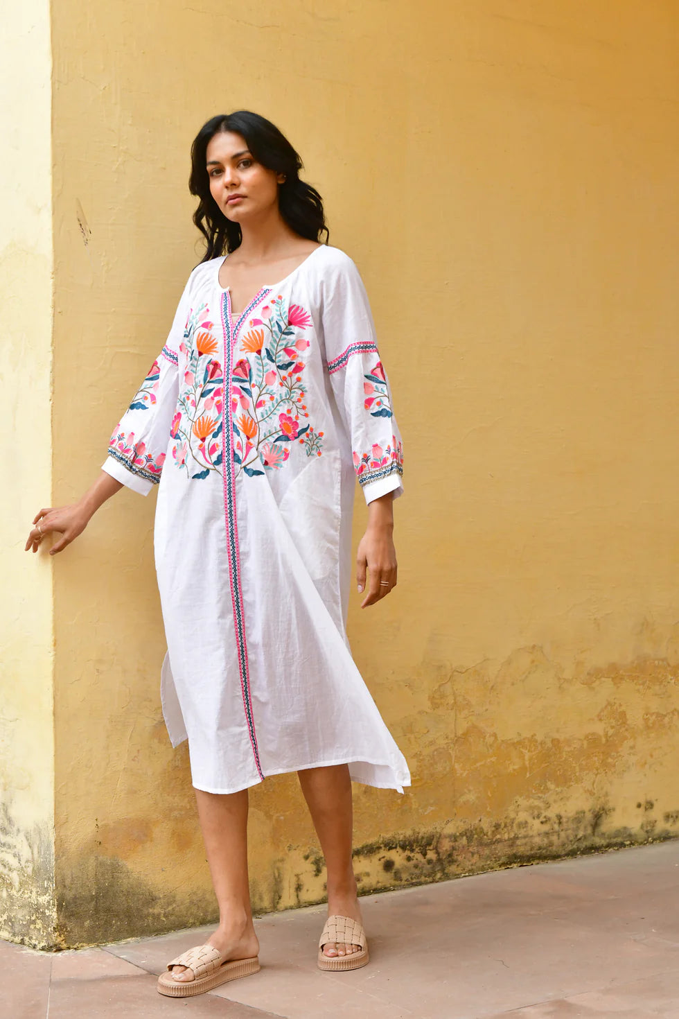 Azure & Indigo Hummingbird Embroidered Kaftan Dress