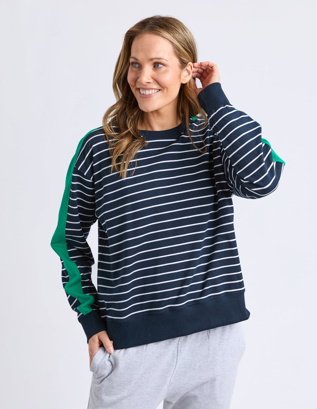 Elm Sloan Crew Stripe Navy, Turq Arm trim