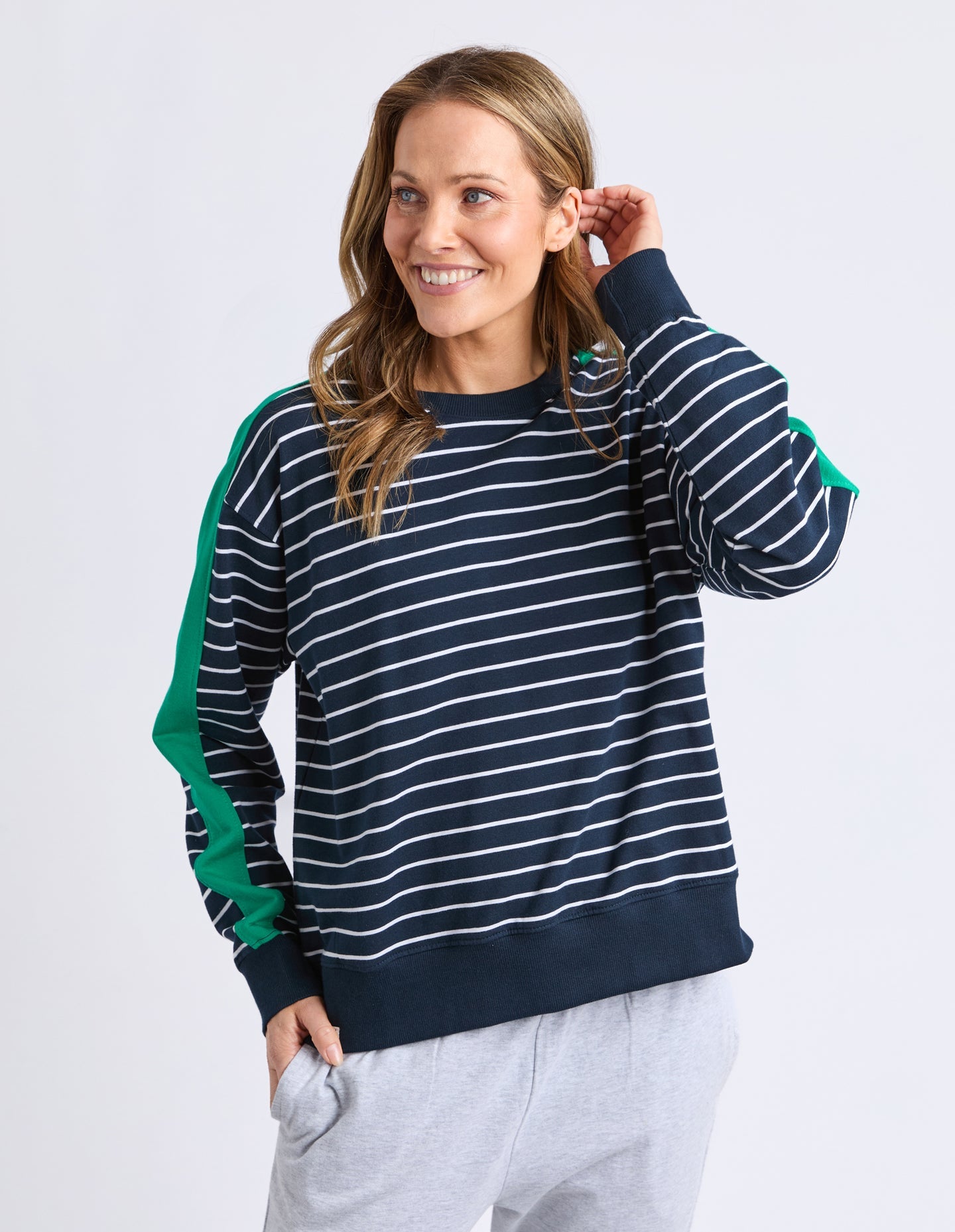 Elm Sloan Crew Stripe Navy, Turq Arm trim