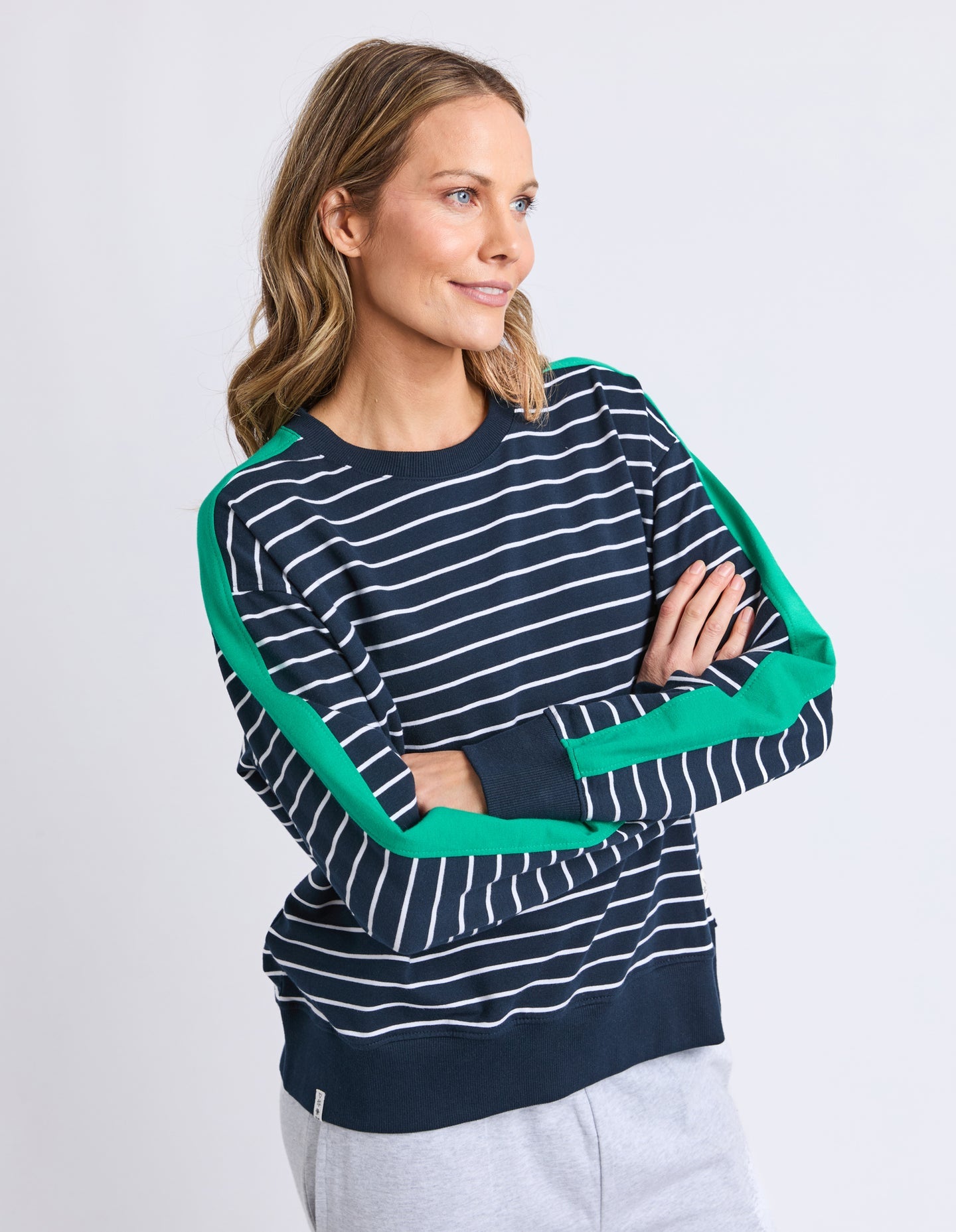Elm Sloan Crew Stripe Navy, Turq Arm trim