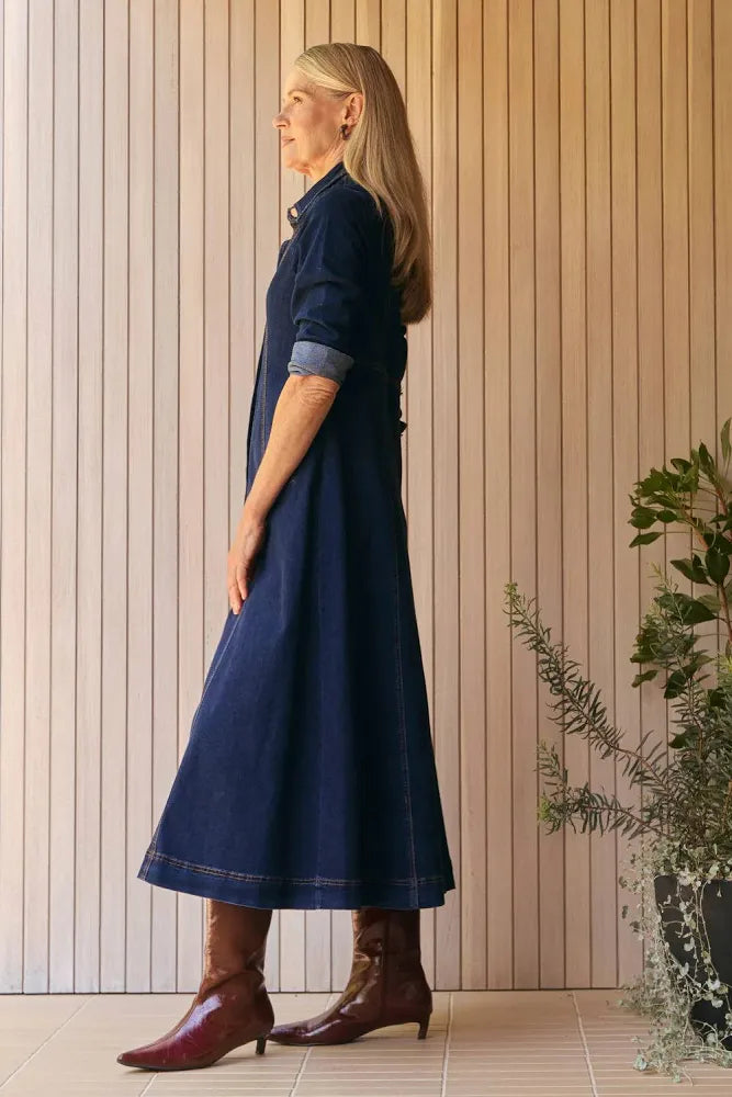 Adrift Collared Denim Dress Dark Wash