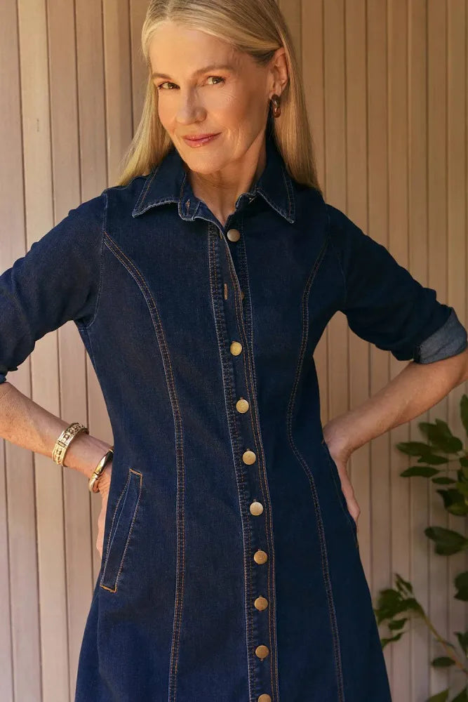 Adrift Collared Denim Dress Dark Wash
