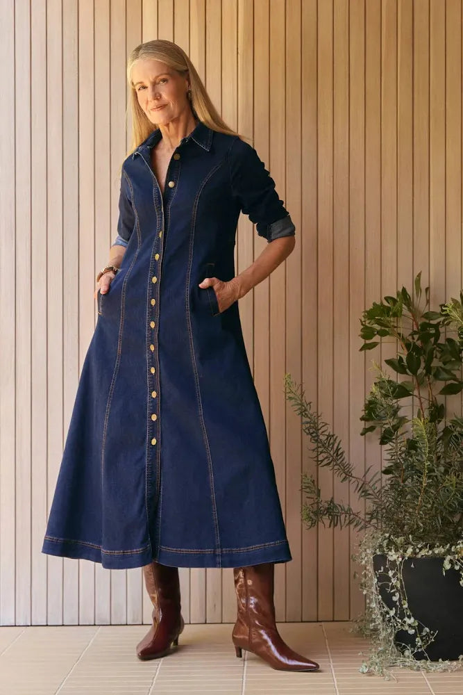 Adrift Collared Denim Dress Dark Wash