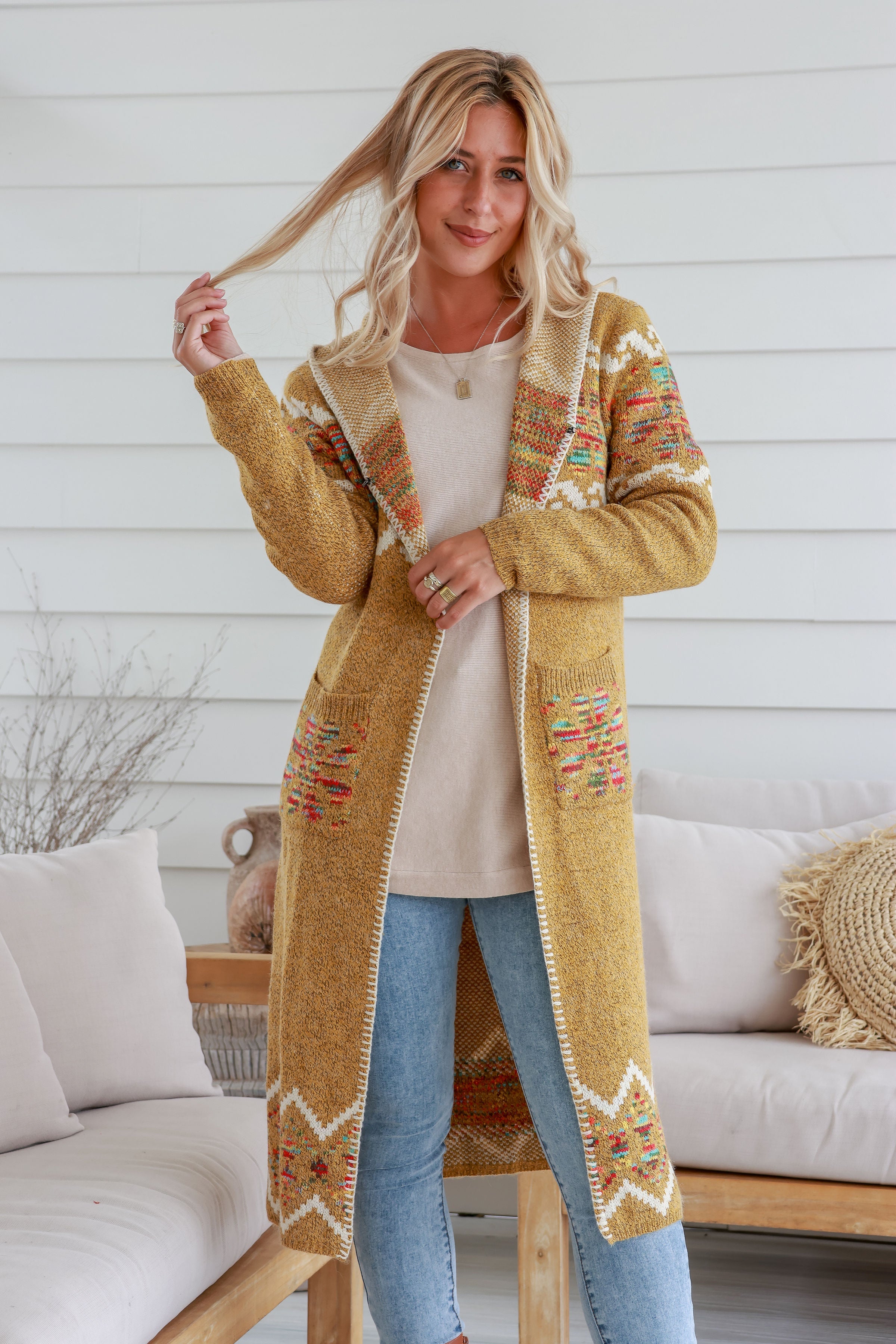 Free Spirit Aztec Long Knit Cardigan Mustard