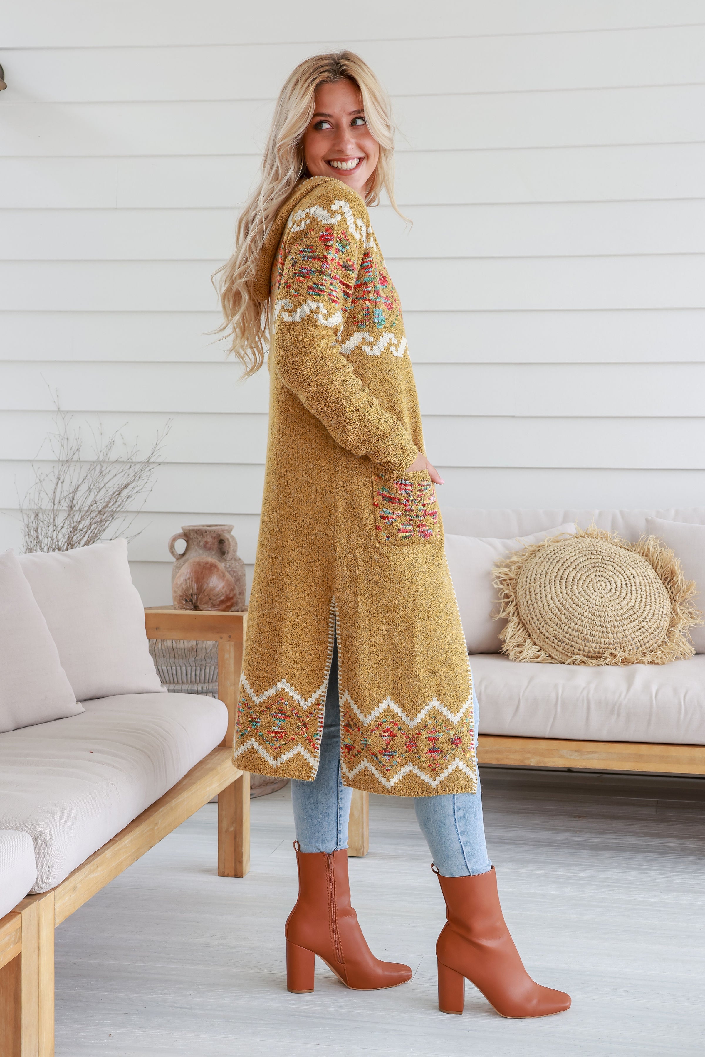 Free Spirit Aztec Long Knit Cardigan Mustard