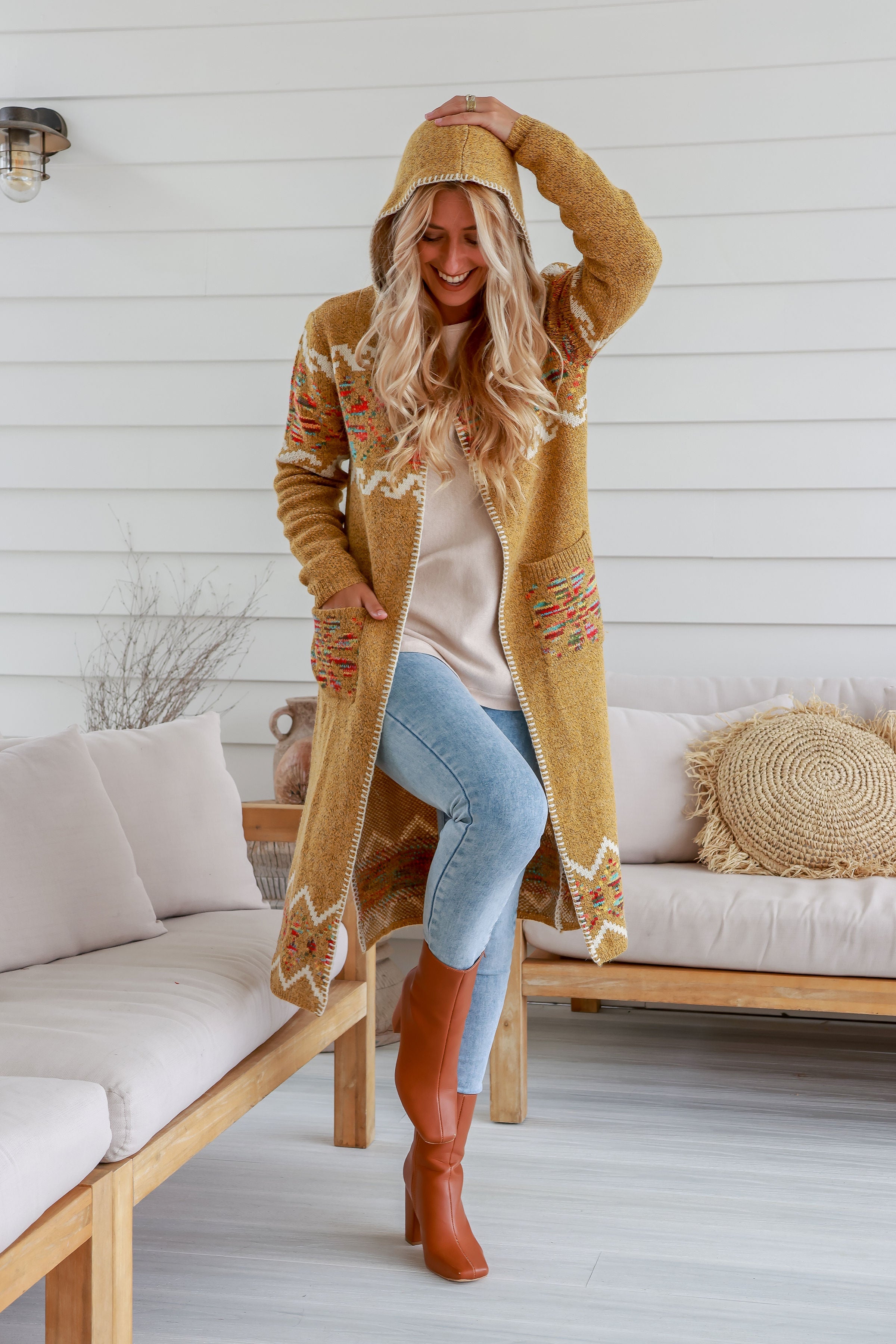 Free Spirit Aztec Long Knit Cardigan Mustard