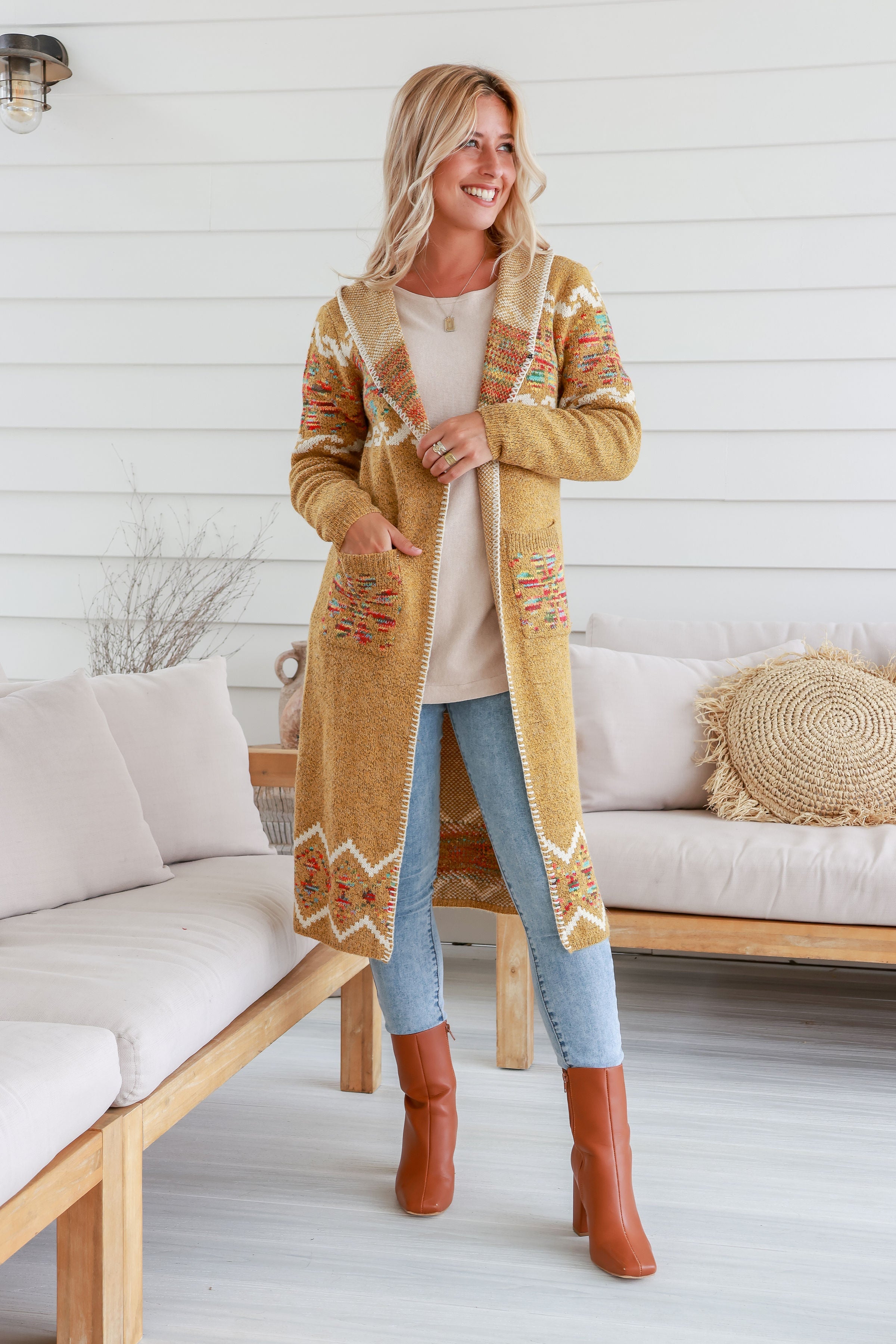 Free Spirit Aztec Long Knit Cardigan Mustard