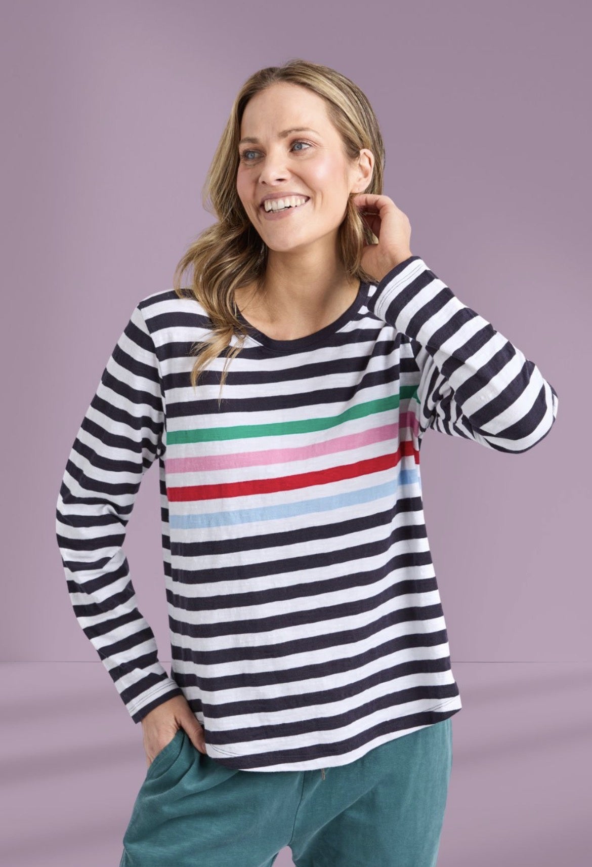 Elm Harmony LS Tee Navy White Rainbow Stripe