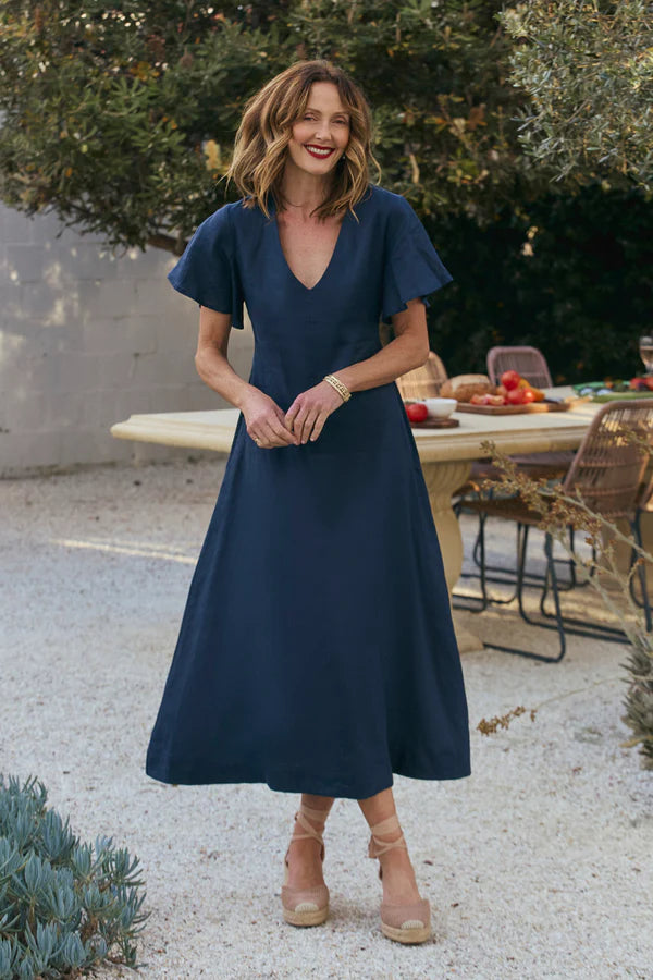 Adrift Tatum Linen Flutter Sleeve Dress in Navy