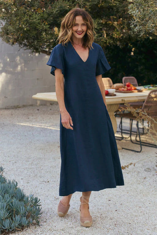 Adrift Tatum Linen Flutter Sleeve Dress in Navy