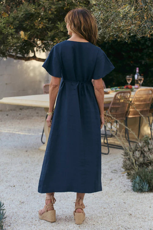 Adrift Tatum Linen Flutter Sleeve Dress in Navy